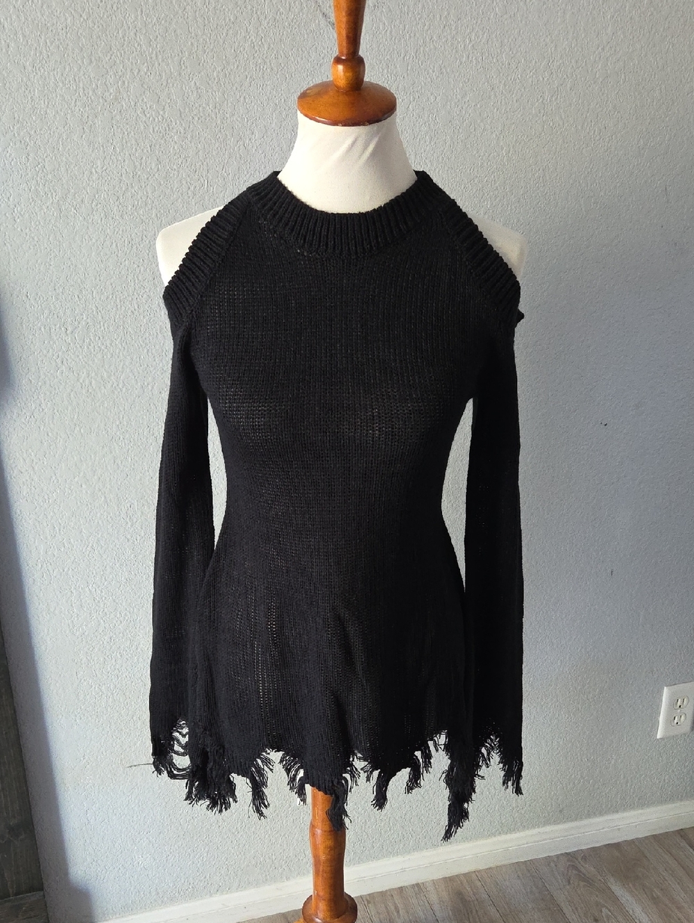 Killstar Black Off-Shoulder Distressed Knit Sweater Small